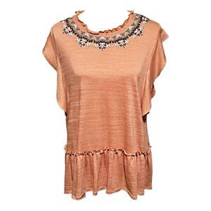 Hannah Women’s Top Size Large Rose Ruffle Short Sleeves Appliqué NWOT